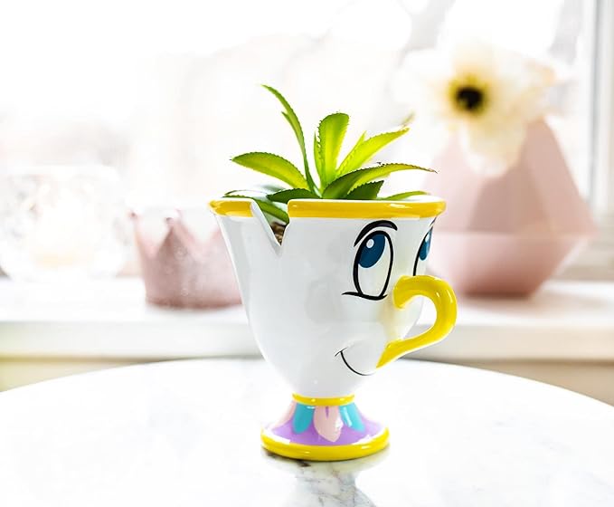 Silver Buffalo Disney Beauty and The Beast Chip 3-Inch Ceramic Mini Planter with Artificial Succulent | Small Flower Pot, Faux Indoor Plants for Desk Shelf, Home Decor Trinket Tray and Collectibles