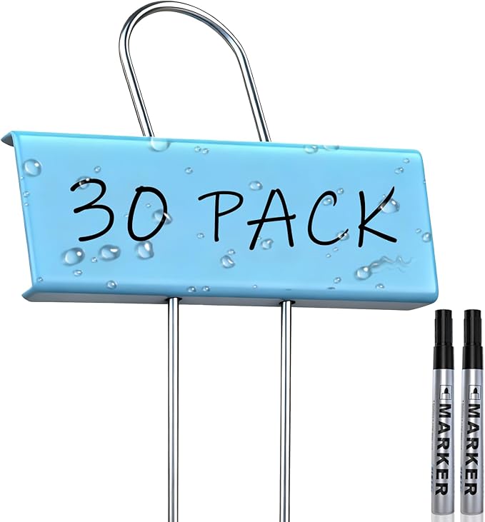 30-Pack Rust-Proof Metal Plant Labels with Galvanized Stakes, Height 10.6" Label Area 3.5"x1.2", Waterproof Weatherproof Garden Markers, Reusable Tags with 2 Pens (Blue)