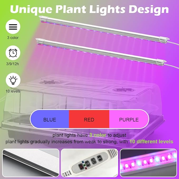 RooTrimmer 3 Pack 12 Cell Seed Starting Trays with Clear Domes and Growing Lights & 4 Inch Clear Seedling Pots 36 Pack, Plant Nursery Faster Propagation Kit 3 Sets for Seeds Vegetables Herbs