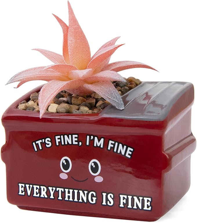 Dumpster Fire Fake Plants in Ceramic Succulent Pots Desk Decor, Emotional Support Positive Thinking Office Desk Accessories, Motivational Gifts for Women, Men, Coworkers