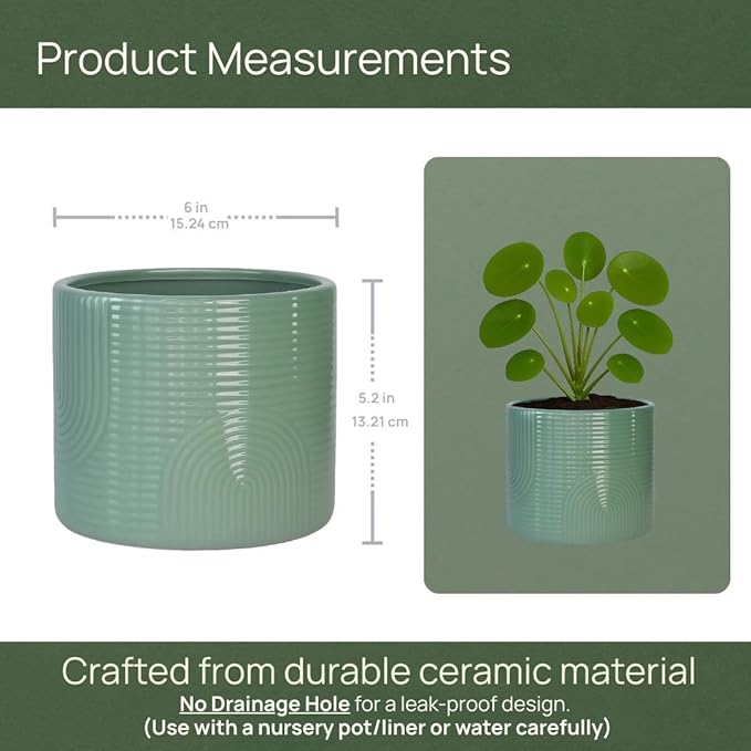6 Inch Ceramic Plant Pot – Decorative Indoor Planter (No Drainage Hole) for Succulents, Herbs & Houseplants – Modern Tabletop Desk Planter – Sage Green