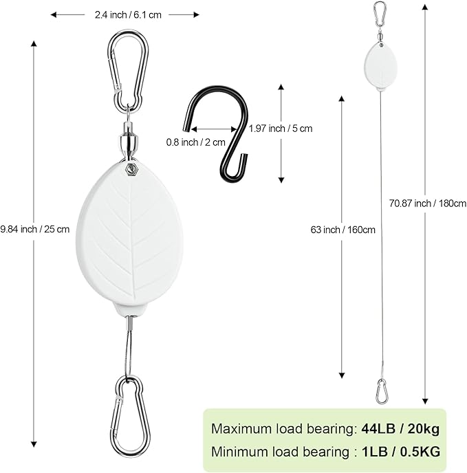 2026New 2Pcs Retractable Plant Hanger with Leaf Texture,44Lbs Load Capacity,Auto Lock,Adjustable Hook for Hanging Plants,Bird Feed,Wind Chimes,Garden Pots,Rust-Proof Stainless Steel,White