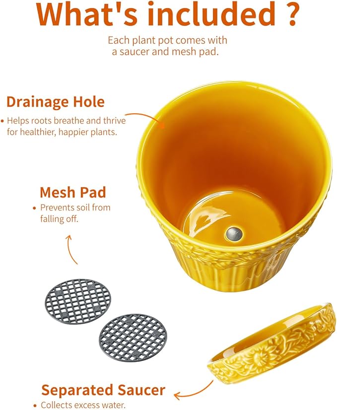 Metahom Ceramic Plant Pots, 3.8+4.9+5.8 Inch, Set of 3 Flower Pots with Drainage Hole & Saucer, Embossed Planter Pots for House Plants, Home Decor, Set of 4, Assorted Colors