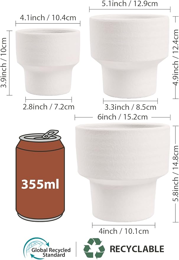 INGOFIN Ceramic Planter Pot Set of 3, 4/5/6 Inch Indoor Decorative Cachepot for Pothos & Succulents, No Drainage Hole, Modern Architectural Plant Display for Contemporary Home Decor, Sandblasted White