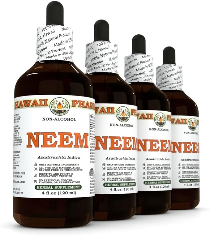 Hawaii Pharm Neem Alcohol-Free Liquid Extract, Professional Grade, Small Batch Crafted Neem (Azadirachta Indica) Dried Leaf Glycerite Natural Herbal Supplement, 4x4 fl.oz