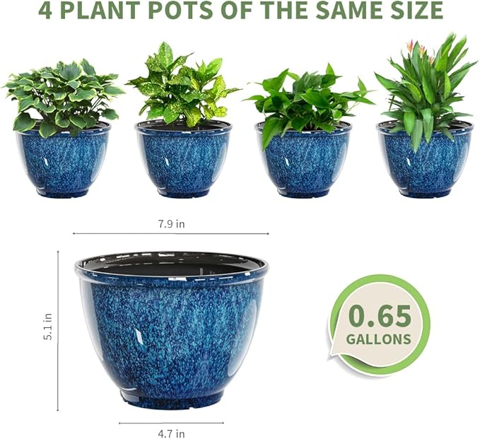 Vanslogreen Plant Pots, Set of 4 Plastic Planters with Drainage Hole, 8 Inch Glaze Plastic Flower Pots for Plants, Nursery Planting Pot, Planter for Indoor Outdoor Home Decorative(Blue)
