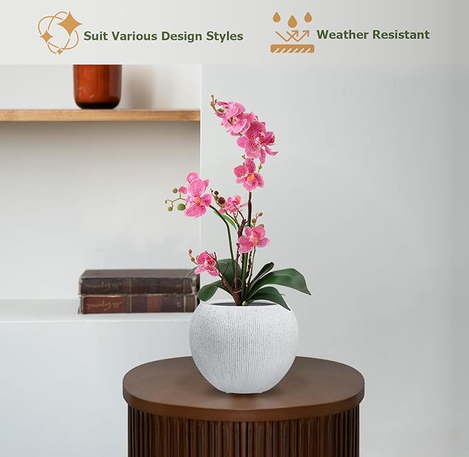 KUTE NEST 9.7" H x 12" D Premium Ribbed Globo Fiberstone Round Planter with Drainage Hole, Weather Resistant for Indoor and Outdoor Use, Included 2 Extra Coco Mats (Speckled White, 7.8" Pot Opening)