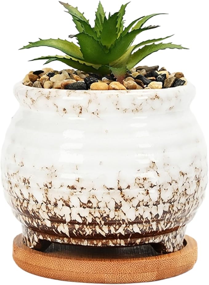 Cute Circular Ceramic Home Garden Decoration Succulent Cactus Flower Pots Container with Bamboo Tray -Plant Not Included (White, 3.8 Inch)
