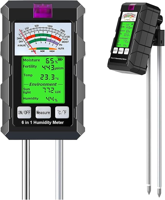 2026 Dual Probe Soil Tester, 6-in-1 Moisture Meter, Moisture/pH/Temperature/Sunlight/Air Humidity/Fertility, Perfect for Farming, Gardening, Lawns, Outdoor (2*AAA Battery Needed) -NEW Patent