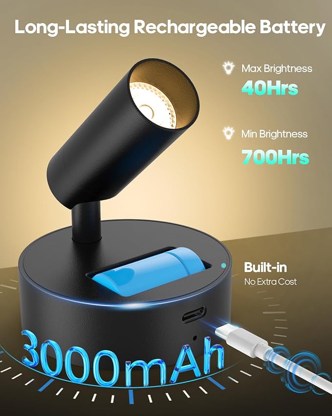 GOODEA Spotlights Indoor with Remote, 3000mAh Rechargeable Battery Plant Mini Spotlight Indoor, Wireless Uplighting with 3 Colors & Dimmable, LED Picture Light for Painting, Accent Lighting(4 Pack)