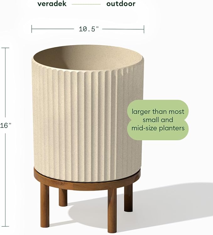 Veradek Demi Series Round Planter w/Stand for Porch/Patio | Durable Plastic-Stone Composite & Wooden Stand | Modern Décor for Tall Plants, Flowers