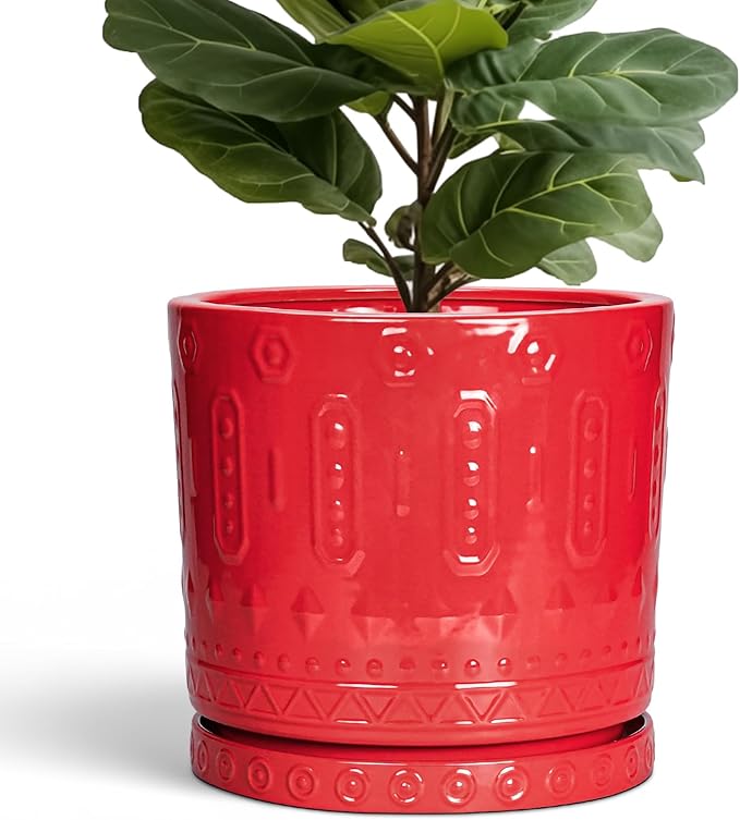 Eightpot 12 Inch Pots for Plants, Ceramic Pots for Plants Indoor Outdoor, Round Flower Pot with Drainage Holes and Saucers, Modern Decorative Planter, Home Porch Decor, Gardening Gifts, Red