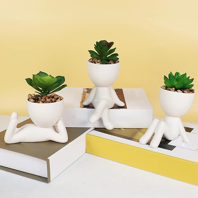Zerzsy 3 Pack Artificial Succulent Plants for Office Desk, Fake Plants with Ceramics Human Shaped Pots,Cute Fake Succulents Pots for Bedroom/Room/Cubicle/Bookshelf Decor (Ceramic White)