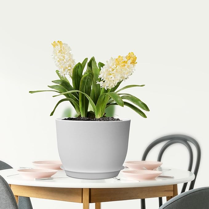 Meowell 12 inch Large Plant Pots, Plastic Planters with Drainage Holes and Saucers, Flower Pots for Indoor Outdoor Plants, Modern Decorative Pots for Garden House Plants, White