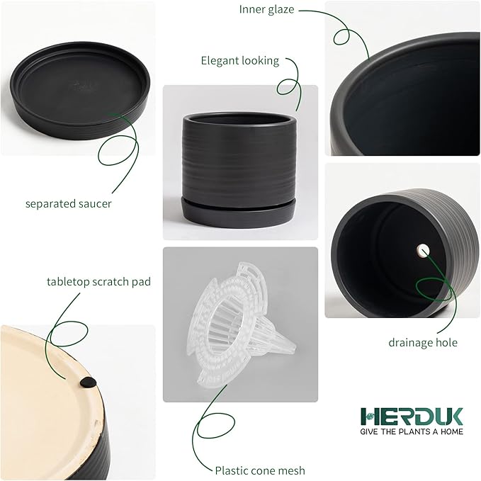 HERDUK 6 Inch Plant Pots, Ceramic Planter Pot with Drainage Hole & Saucer, Indoor/Outdoor Cylinder Round Planter Pot, Matte Black