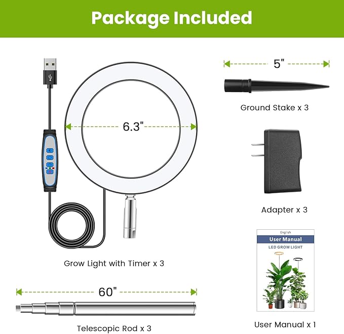 Kullsinss Black Grow Light, Full Spectrum LED Plant Lighs for Indoor Growing with 6/12/16H Timer, 3 Color Modes, 5 Brightness, 10"-60" Height Adjustable Grow Lamp for Tall Indoor Plants (3 Pack)