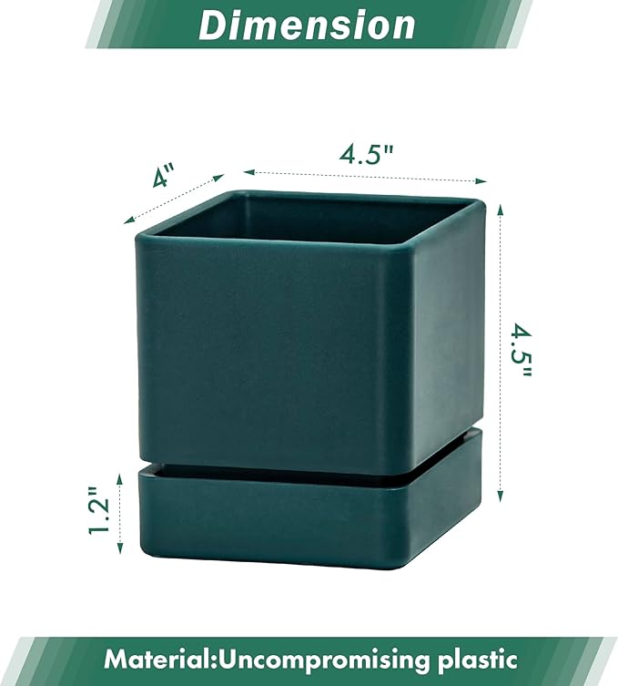 D'vine Dev 4 Inch Herb Planter Pot, Plastic Planter with Drainage Holes and Saucer, Modern Decorative Gardening Pot for Indoor Plants, Flowers, Herbs, Succulents, Green, Set of 4, 76-Y-C-4