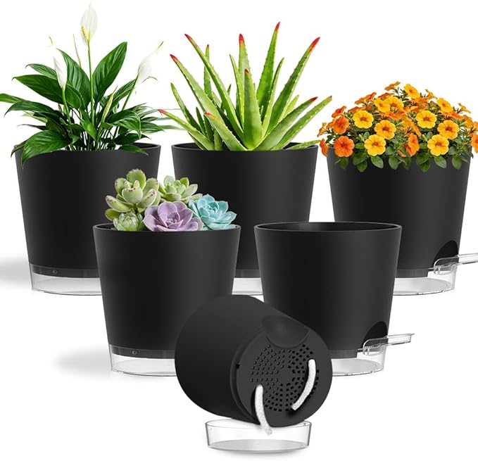 Self Watering Pots for Plants, 2026 New Flower Plant Pots with Drainage Holes, Wicking and Clear Reservoirs for Succulent, Aloe, Cacti and Others - 6 Pack (Black, 6")