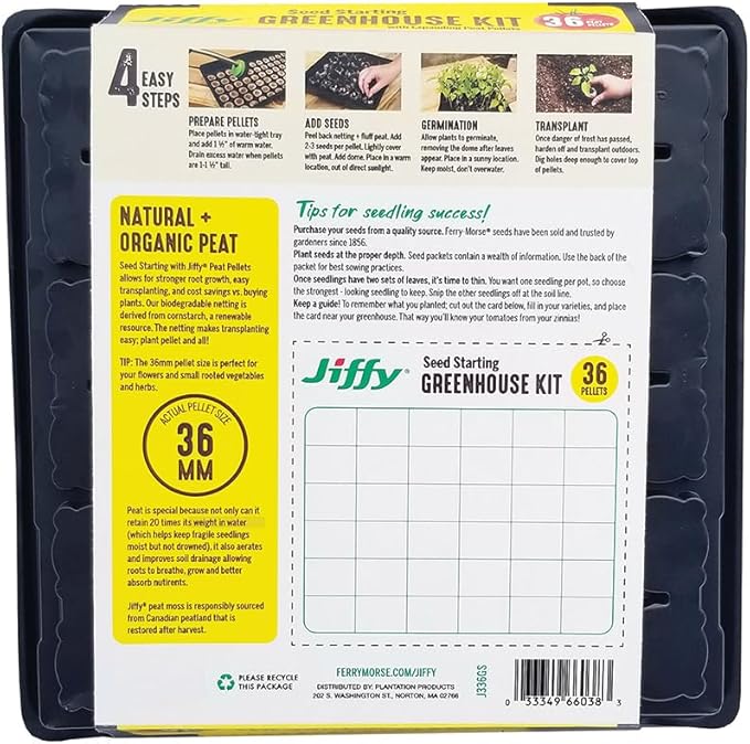 Jiffy Seed Starting Tray Kit - 36 Cell Seedling Tray, Portable - 11 x 11 x 4.25 in - Plastic