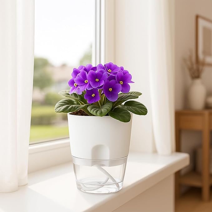 Planterhoma 5 Pack Self Watering Pots for Indoor Plants, 4 Inch Plant Pot Plastic Self Watering Planter for Orchid, African Violet, Small Clear Flower Pots with Drainage Holes and Wicking Rope, White