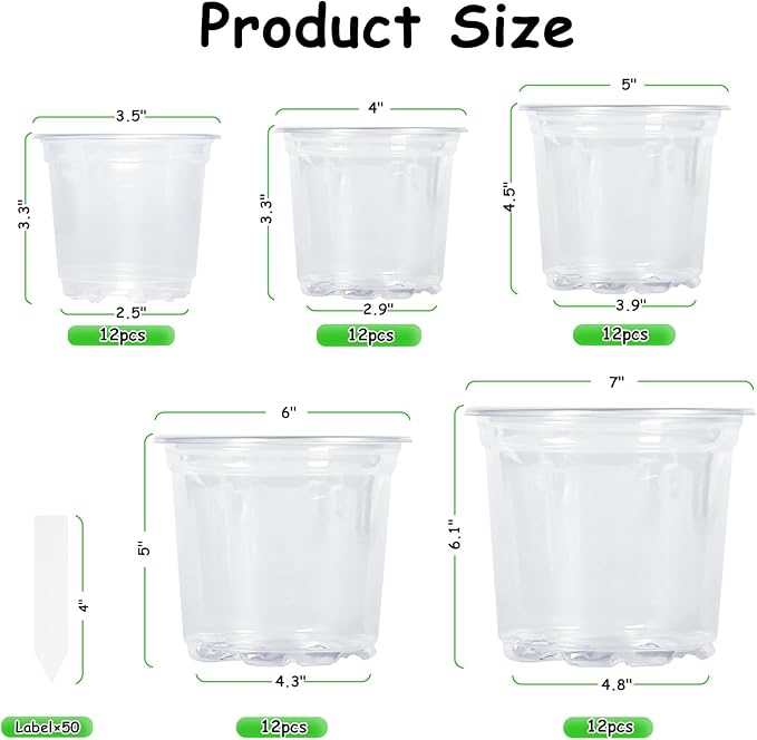 JNYONG 60 Pack 3.5/4/5/6/7 Inch Clear Nursery Pots with Drainage Hole,Variety Sizes Seed Starting Pots Transparent Plastic Plant Pots for Plants Transparency with 50 Plant Labels
