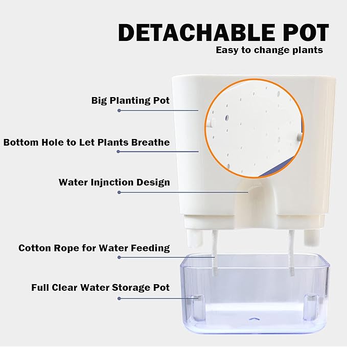 Planterhoma Self Watering Plant Pots for Indoor Plants 7/10 inch, 2 Packs Rectangle Self-Watering Planters with Drainage Hole, White African Violet Pots for Devil's Ivy, Spider Plant, Orchid, Herb