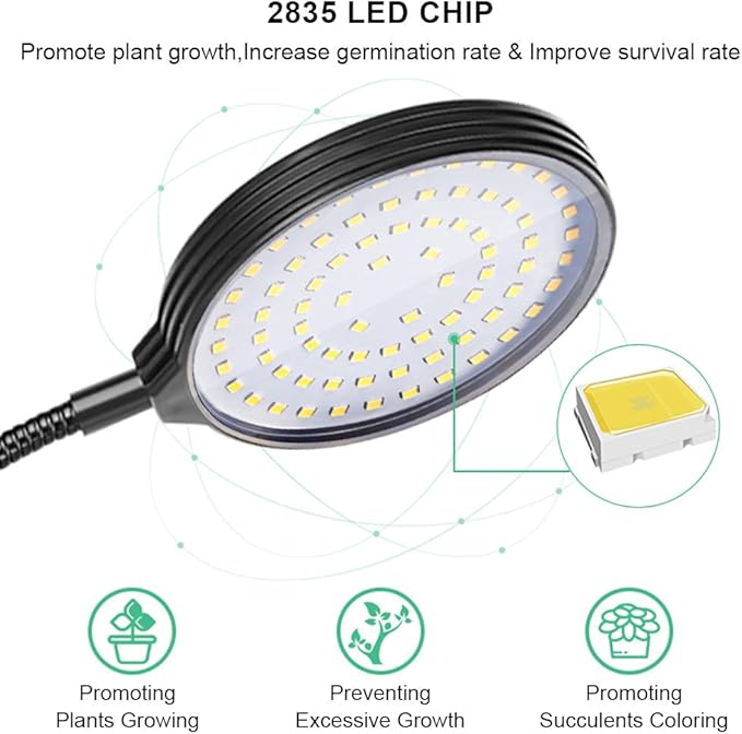 Grow Light 60W Sunlike Full Spectrum LED Plant Grow Lights with Timer Auto On/Off 4/8/12H Waterproof Grow Lamp for Indoor Plants, 5 Dimmable Levels, Adjustable Gooseneck