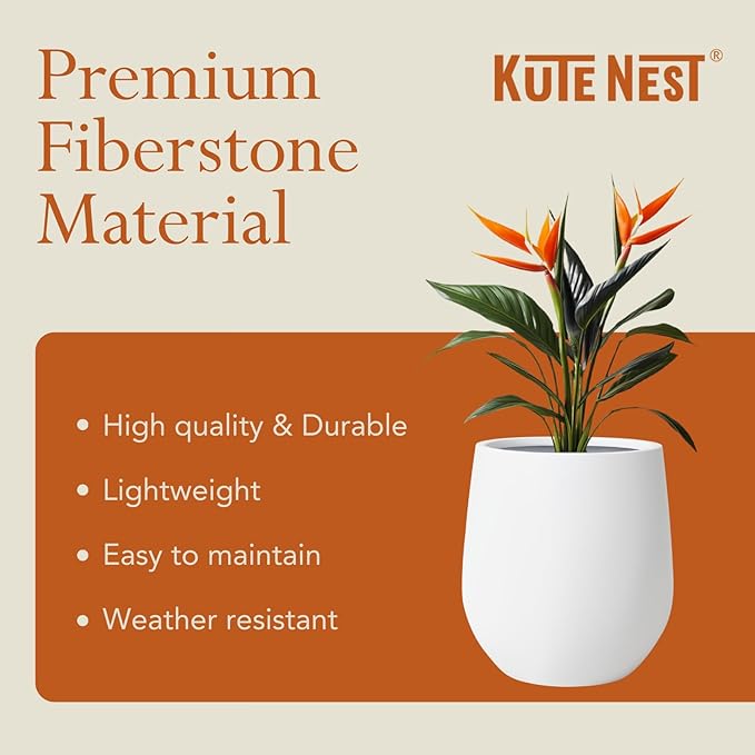 KUTE NEST 16.5" H x 15" D Premium Corso Fiberstone Round Tapered Planter with Drainage Hole, Weather Resistant for Indoor & Outdoor Use, Included 2 Extra Coco Mats (White, 11.5" Pot Opening)