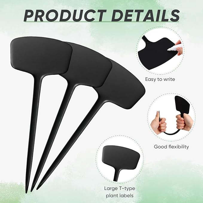 Colingmill 50 Pcs 14.2 Inch Plastic Plant Labels Tags T Type Plant Markers with Pen for Outdoor Indoor Garden Pot Herbs Flowers Vegetable (Black)