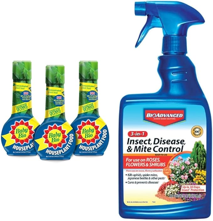 Baby Bio Houseplant Food, Concentrate, 5.9 Oz (3-Pack) with BioAdvanced 3-in-1 Insect, Disease and Mite Control, Ready-to-Use, 24 oz