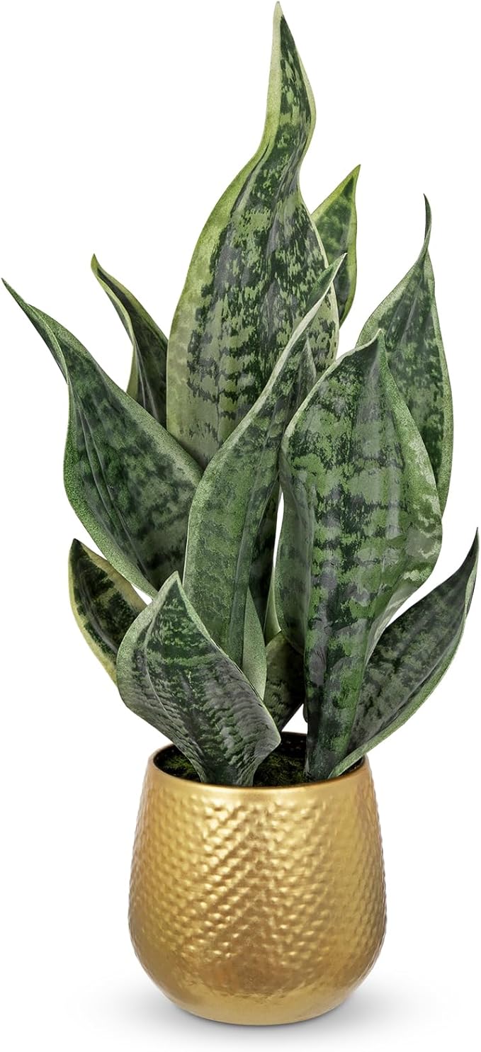 DILATATA Artificial Snake Plant in Gold Pot, 18” Faux Sansevieria Potted Plant for Home Office Decor, Fake Snake Plants Indoor Modern Tabletop Decor Faux Mother in Law Tongue