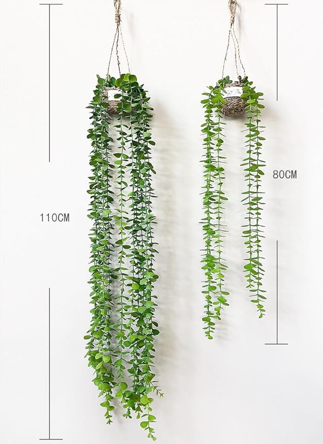 Artificial Plastic Plant Vine Small Hanging Basket Ornament for Indoor Walls, Shelves, Cabinets, Kitchens, Studies, Desks, Living Rooms 3.5-Inch Basket (Round Leaf B)