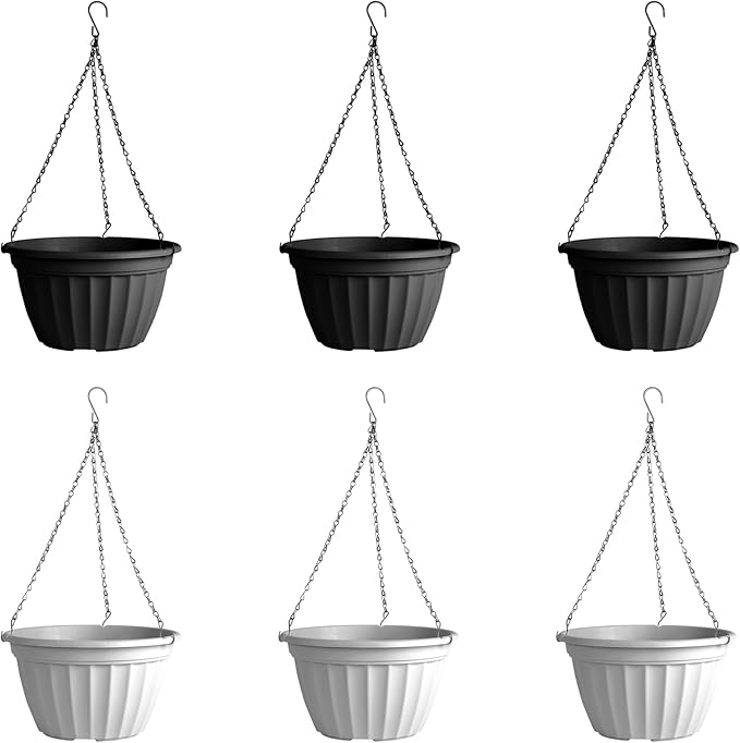 FGstyle Hanging Planters 10 Inch, 6 Pcs Self Watering Pots for Indoor Plants, Plastic Hanging Basket with Soil Elevator and 20" Chain for Home Garden Porch Balcony Patio Decor (Black & White)