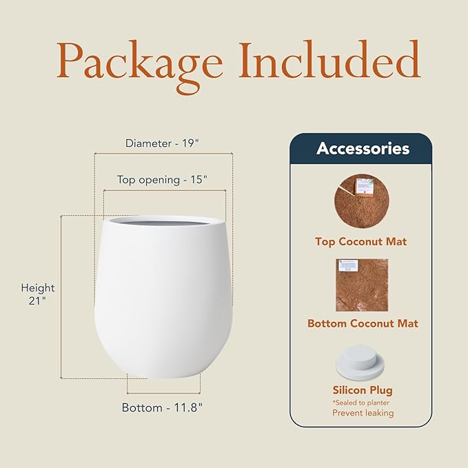 KUTE NEST 21" H x 19" D Premium Corso Fiberstone Round Tapered Planter with Drainage Hole, Weather Resistant for Indoor and Outdoor Use, Included 2 Extra Coco Mats (White, 15" Pot Opening)