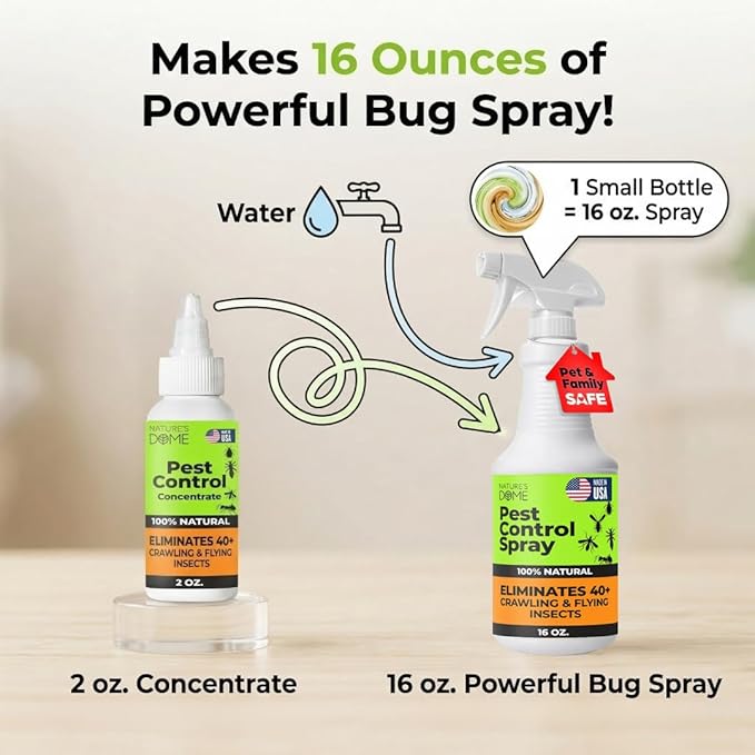 Nature’s Dome Pest Control Concentrate Spray 2 Oz (Pack of 2) | Eco-Friendly Bug & Ant Spray – Each Bottle Makes 16 Oz | Bug Spray for Fleas, Ticks & Mosquitoes | Safe for Pets & Kids