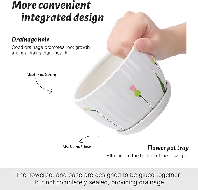 STHIE Ceramic Plant Pots with Drainage Holes and Saucers, Round White Flower Pots for Indoor Plant, Diameter 3.3/4.3/5.5 Inches Small Flower Planters Set of 3