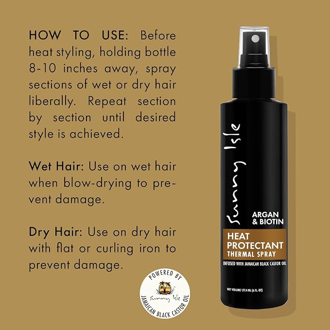 Sunny Isle Argan & Biotin Heat Protectant Spray - Infused With Jamaican Black Castor Oil - 6 oz