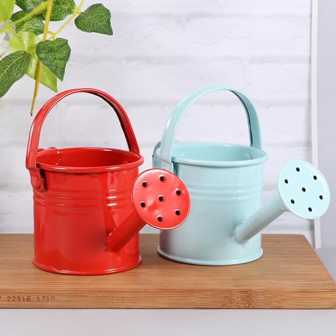 Watering Can Small Watering Can, Metal for Outdoor Plants, Iron Mini for Garden Yarde Home Plants Flower (Red and Light Blue, 2PCS)