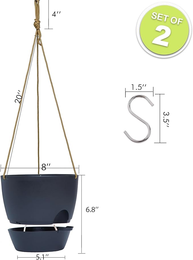 SwinDuck 8 inch Hanging Planters, 2 Pack Self Watering Hanging Pots with 20oZ Deep Reservoir for Indoor Outdoor Plants Flowers, Black