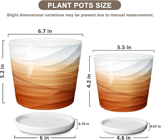 6.7 + 5.5 Inch Plant Pot,Ceramic Planter with Drainage and Saucer,Ceramic Pots for Plants,Indoor Plant pots,Planters for Indoor Plants(Khaki + White)