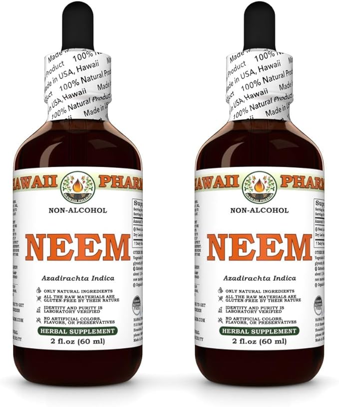 Hawaii Pharm Neem Alcohol-Free Liquid Extract, Professional Grade, Small Batch Crafted Neem (Azadirachta Indica) Dried Leaf Glycerite Natural Herbal Supplement, 2x2 fl.oz