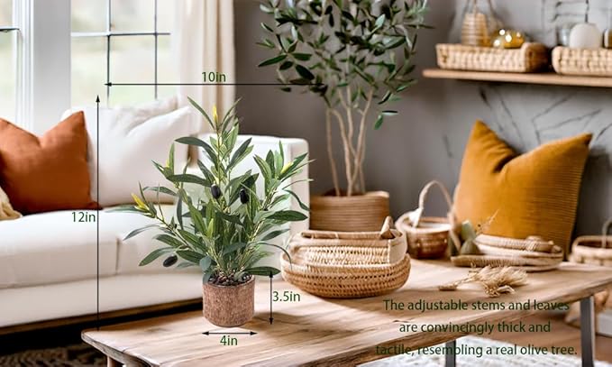 Indoor Fake Olive Plant 12 inch Faux Silk Leaves with Black Rustic Planter Medium Size Perfect Artificial Olive Fruits with Realistic Trunk and Lifelike Stems for Home and Office Decor