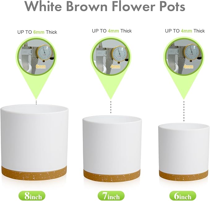 Meowell 8/7/6 inch Plant Pots, 3 Pack Cylinder Flower Pots for Outdoor Indoor Plants, Decorative Plastic Planters with Drainage Holes and Saucers for Garden House Plants, White with Brown