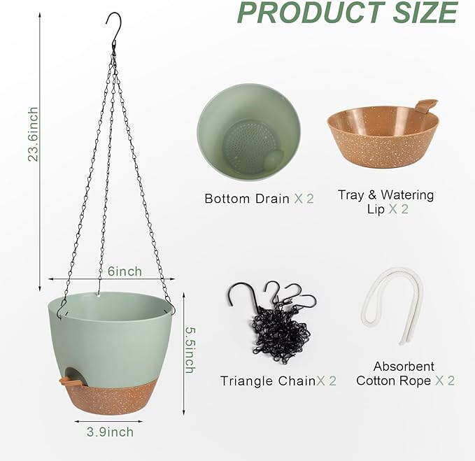 Vanslogreen Hanging Planters for Indoor Outdoor Plants, 2 Pack Self Watering Hanging Pot with Drainage Holes & Removable Tray (Green, 6'')