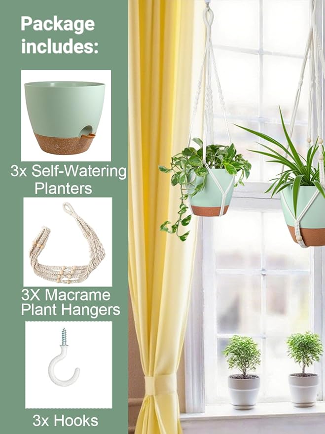 Bouqlife Self Watering Hanging Planters for Indoor Plants 3 Pack Macrame Plant Hangers with Drainage Holes Pots and Hooks for Home Garden Decor Green