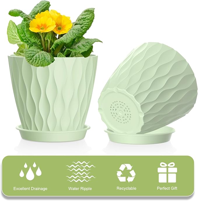 UOUZ 12 Pack 4 Inch Small Plant Pots with Saucers, Waffle Texture Plastic Planters with Drainage Holes for Indoor and Outdoor Plants, Flowers, Herbs, Succulents, and Seedlings, Green