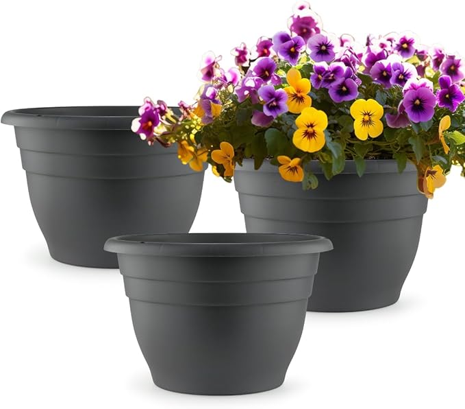 RooTrimmer 3 Pack 11 Inch Plant Pots with Drainage Hole and Plug,Plastic Flower Pots for Indoor & Outdoor Plants,Lightweight Plant Pots Perfect for Herbs,Flowers & Succulents(Gray)