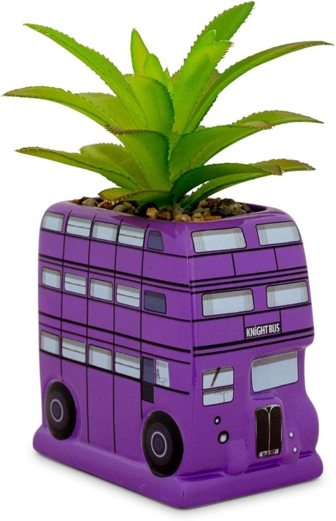 Harry Potter Knight Bus 3-Inch Ceramic Planter With Artificial Succulent | Small Flower Pot, Faux Indoor Plant For Desk Shelf, Trinket Tray | Cute Home Decor, Wizarding World Gifts and Collectibles