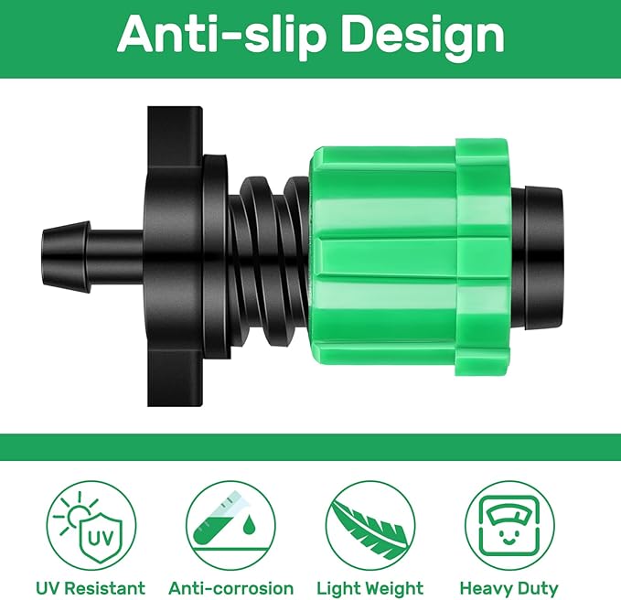 Frienda 50 Pcs Drip Tape Connector Fittings, Locks 1/4" Barb for 5/8" Drip Irrigation Fitting Kit Irrigation Tubing Connectors Tools Coupling Barbed Locking Fitting (Green)