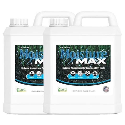 Moisture Max Lawn Moisture Manager – Humectants + Surfactants + 4% Sea Kelp – Improves Water Retention & Root Growth – Yard Mastery Liquid Lawn Treatment 2 Gallons = Covers up to 42,666 sq ft
